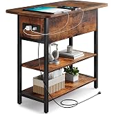 Yoobure End Table with Charging Station, Flip Top Side Table with USB Ports and Outlets, Sofa Couch Table Bedside Table for Living Room Bedroom, Narrow Nightstand with Storage Shelves for Small Space