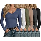 Oakgarden 6 Pack Women's V Neck Shirts Long Sleeve Top Slim Fit Casual Undershirts Layer Basic Tee Fall Outfits
