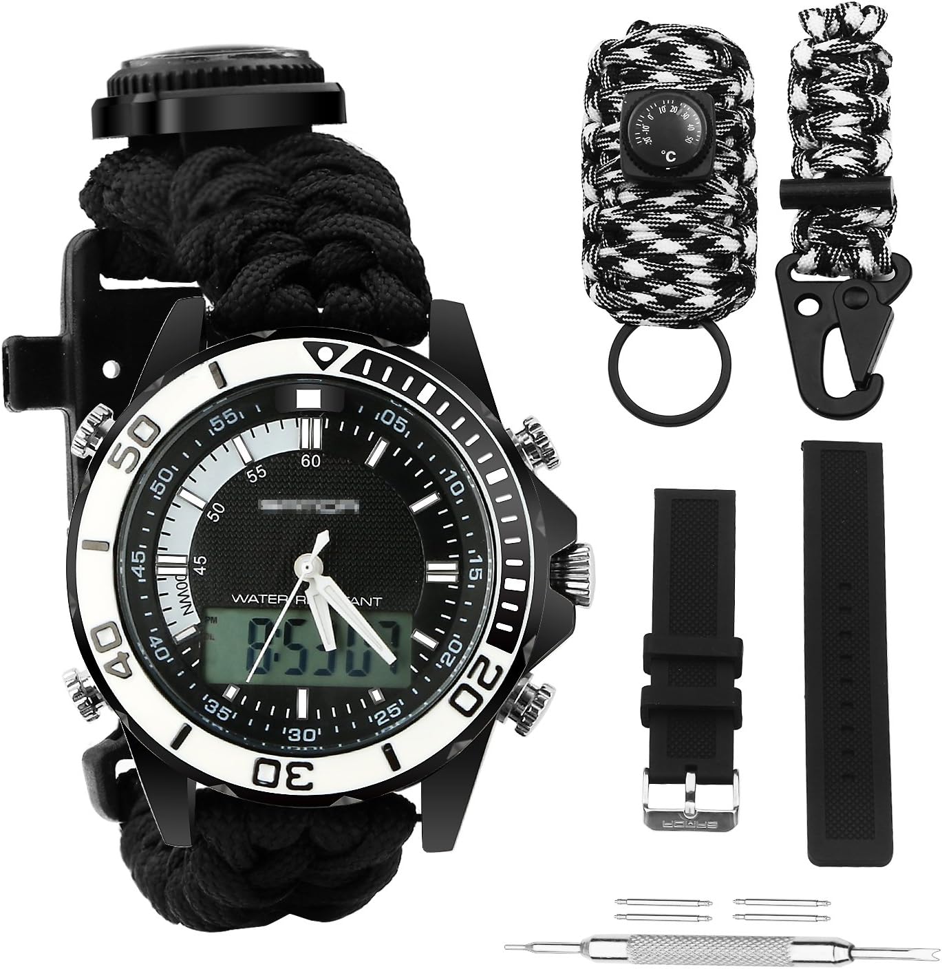 Digital Survival Sport Watch - Waterproof Emergency Military Dual Dial Watch Adjustable 5 Time Patterns Multifunctional 3 Interchangable Wristband Bracelet Watch with Survival Gear