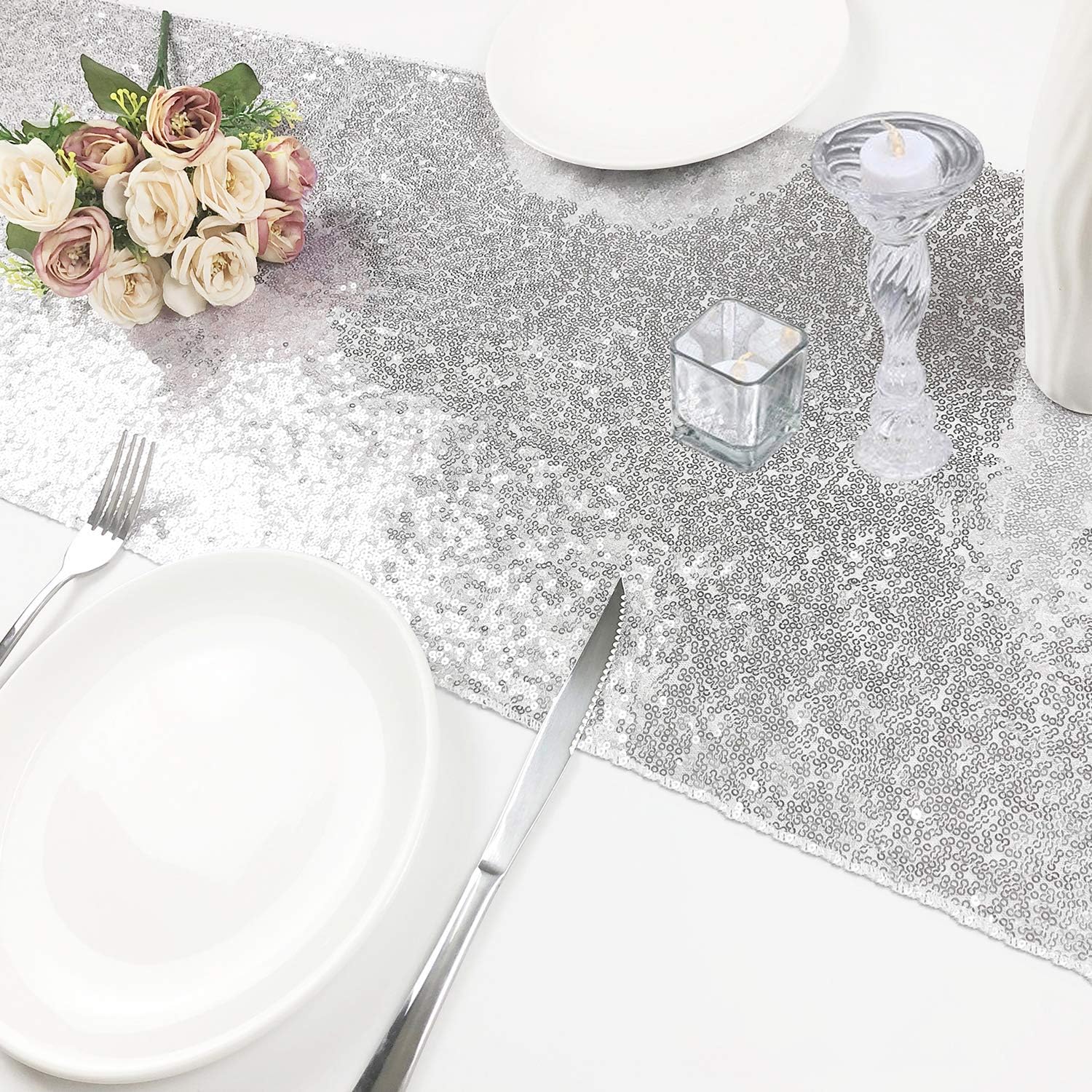Rutien Sequin Table Runners 12x108-inch 3 Pack Sparkly Sequin Runners Silver Elegant Decor for Wedding Birthday Event Home Party