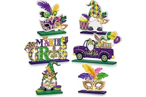 Capoda 6 Pcs Mardi Gras Table Decorations Mardi Gras Wooden Table Centerpieces Masquerade Party Fleur De Lis Mask Gnome Truck Signs for Mantel Shelf Carnival New Orleans Style Party Decor