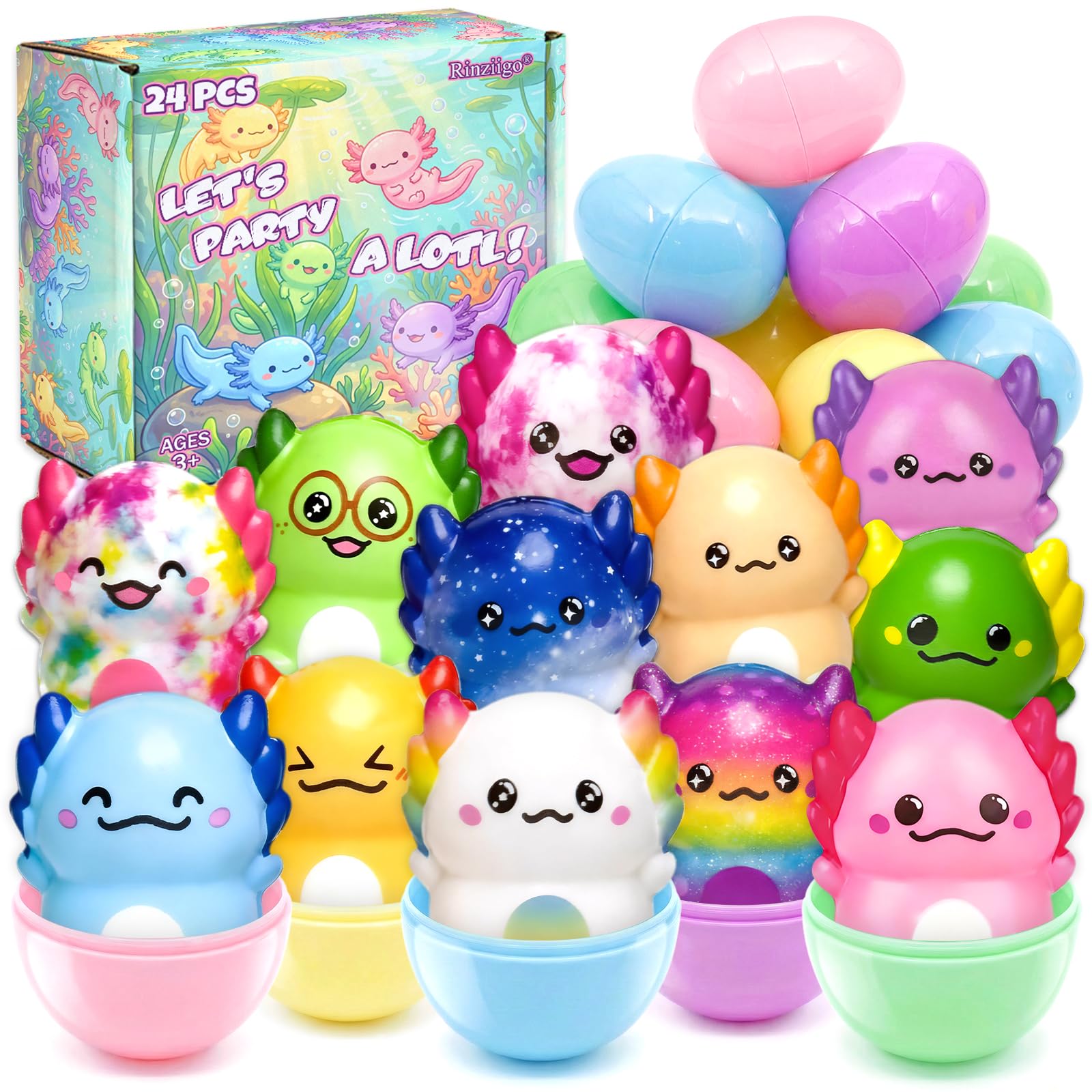 Rinziigo 24 Pack Prefilled Easter Eggs with Squishy Toys Axolotl Slow Rising Squishy Toys Easter Eggs Filled for Kids Easter Basket Stuffers Party Favors