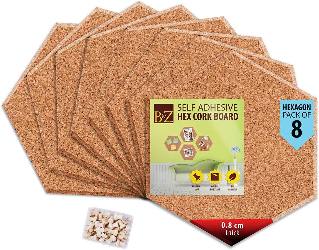 B&Z Self Adhesive Sticky Cork Board Hexagon Tiles Mini Wall Bulletin Boards Pin Message Notice Board Office Memo School Pinboard Wooden Push Pin Hexagon Rounded Curves (20cm x 17.4cm x 0.8cm) (8)