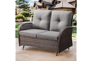 Bellefurn Patio Loveseat Wicker Loveseat Rattan Glider Sofa with Curved Armrest Thicking Back & Seat Cushions for Garden Balcony Backyard Brown Wicker|Grey Cushions (B) Patio Loveseat Glider