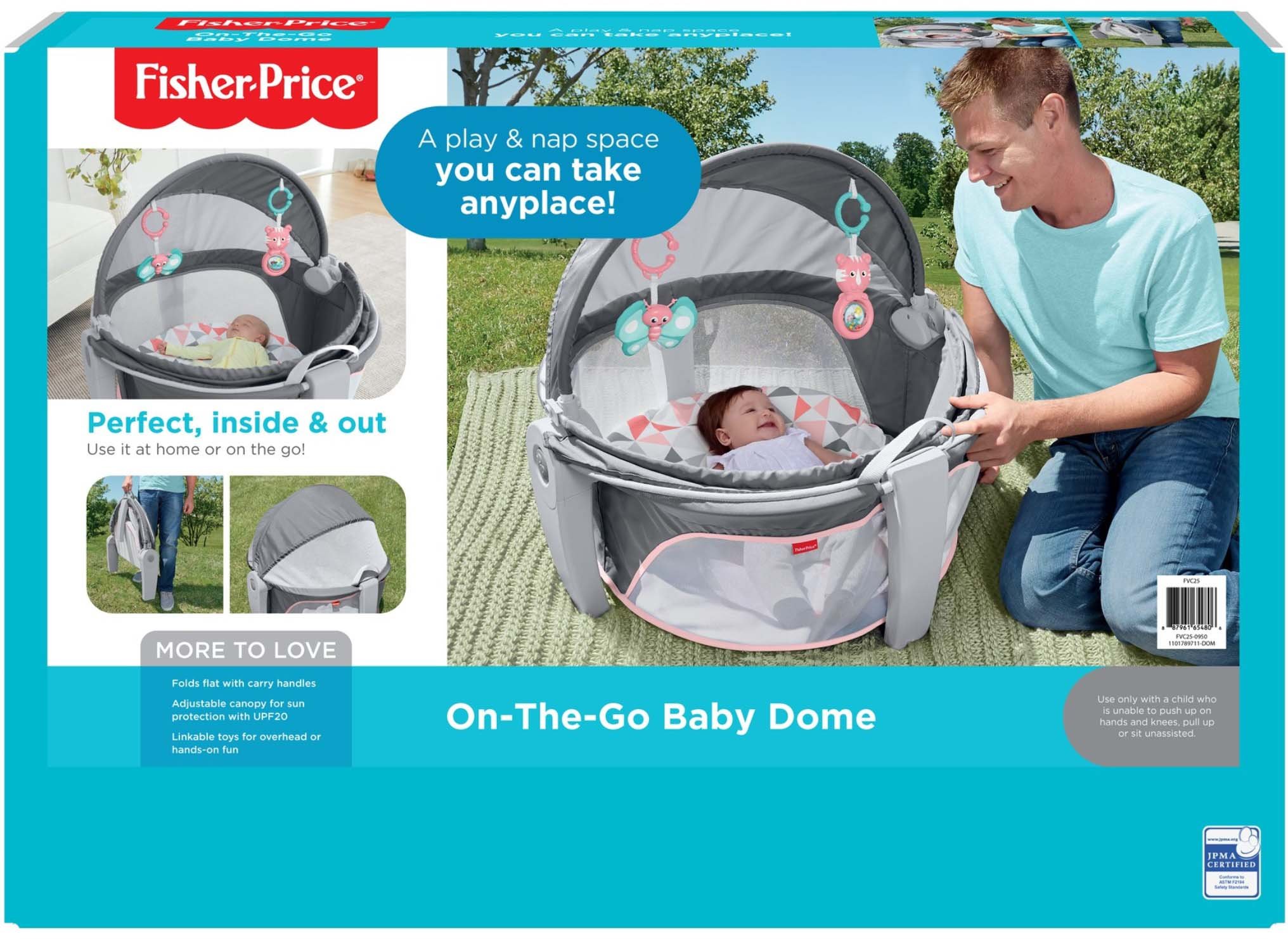 Fisher-Price Portable Bassinet On-The-Go Baby Dome, Travel Play Space with Developmental Newborn Toys & Canopy, Rosy Windmill