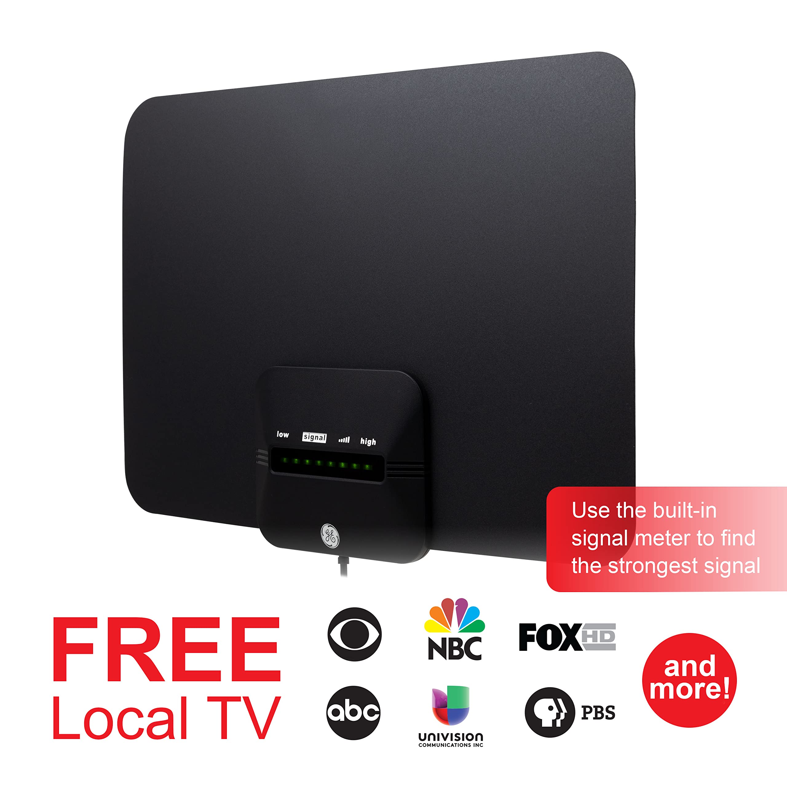 GE Ultra Edge Amplified HD Digital TV Antenna, Long Range Smart TV Antenna, Supports 4K 1080P HD Smart TV VHF UHF, Amplifier Signal Booster with Signal Finder, 10ft Coax HDTV Cable/AC Adapter, 58403