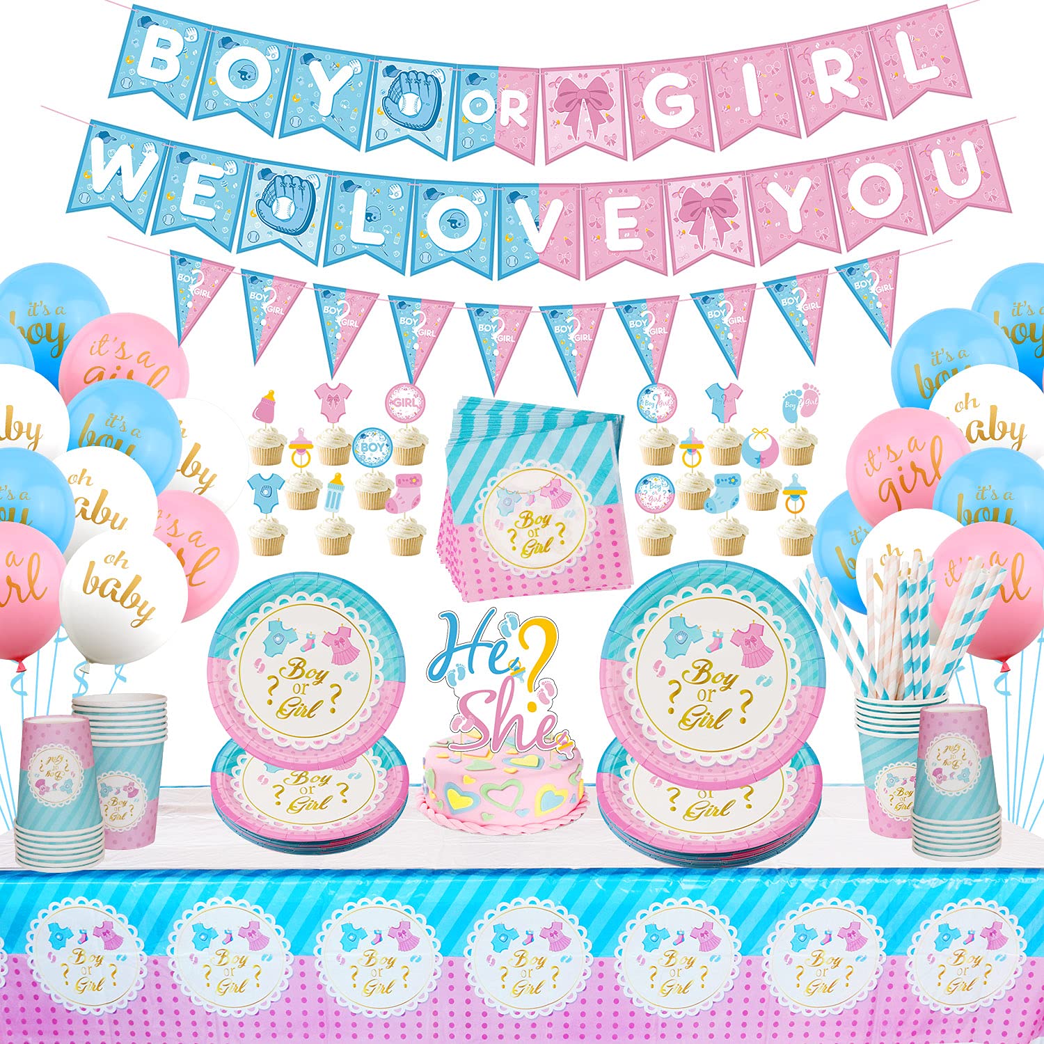 Baby Gender Reveal Party Supplies - Boy or Girl We Love You Banner, Tablecloth, Cake Topper, Balloons, Plates Napkins Cups, Straw, Tableware Serves 25 Guests-202 Pieces