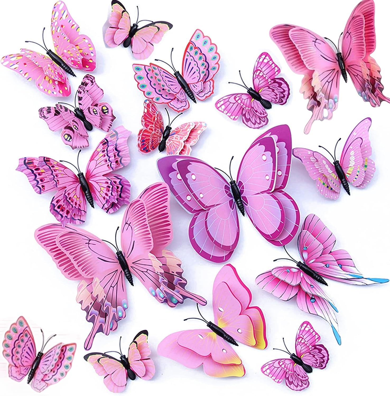 24PCS 3D Butterfly Wall Sticker Decor,3D Butterflies Stickers for Party Decorations with Magnets and Gum Removable and Reusable (Pink)