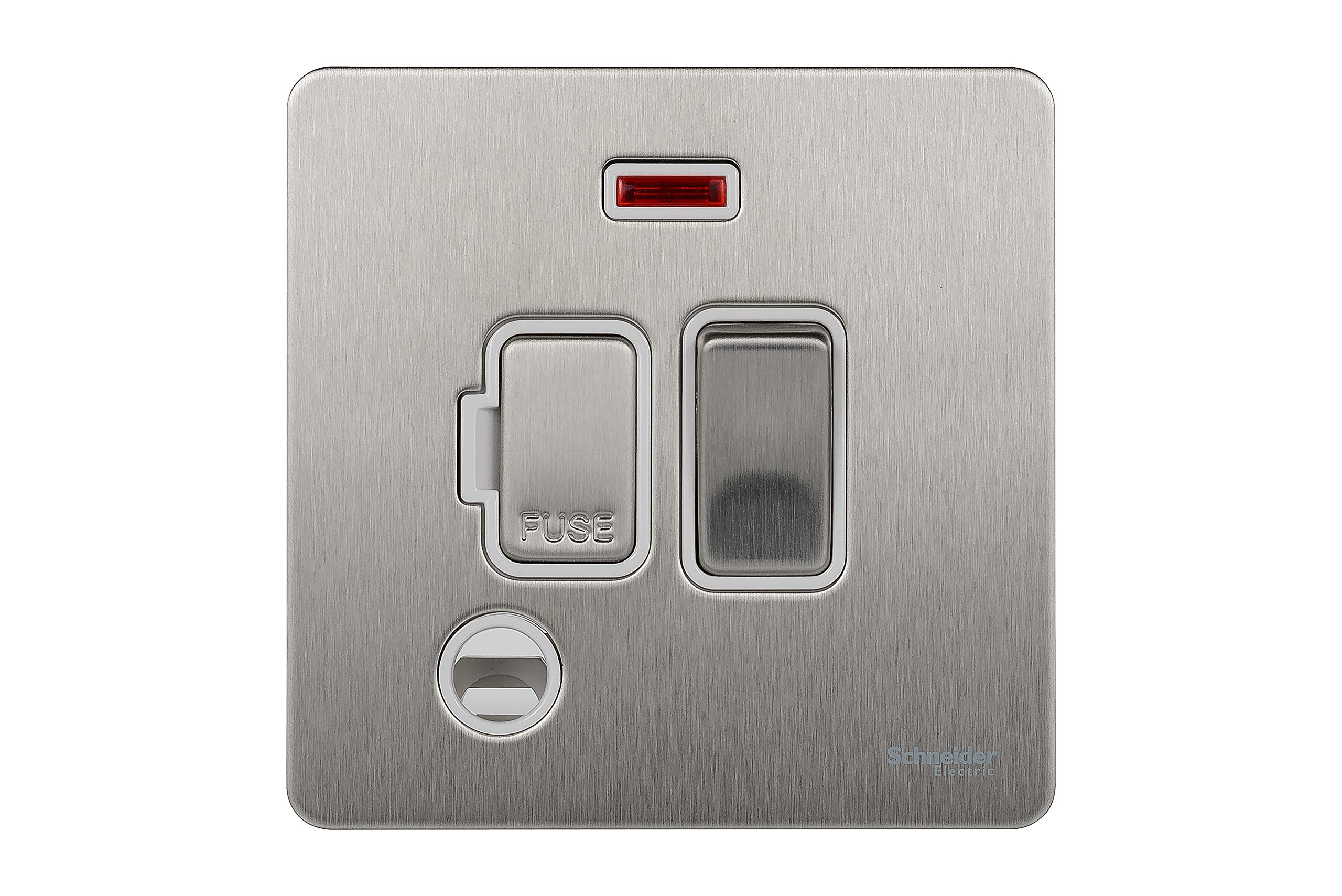 Schneider Electric Ultimate Screwless Flat Plate - Switched Fused Connection Unit, with Flex Outlet and Neon Indicator, GU5414WSS, Stainless Steel with White Insert