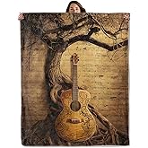 GBXGBX Retro Guitar and Tree Throw Blanket for Boys Girls Kids Music Lovers, Rustic Vintage Style, Fuzzy Warm Soft Cozy Flannel Blankets Gifts for Bedroom, Couch, Travel, Home Decor 50x60 in