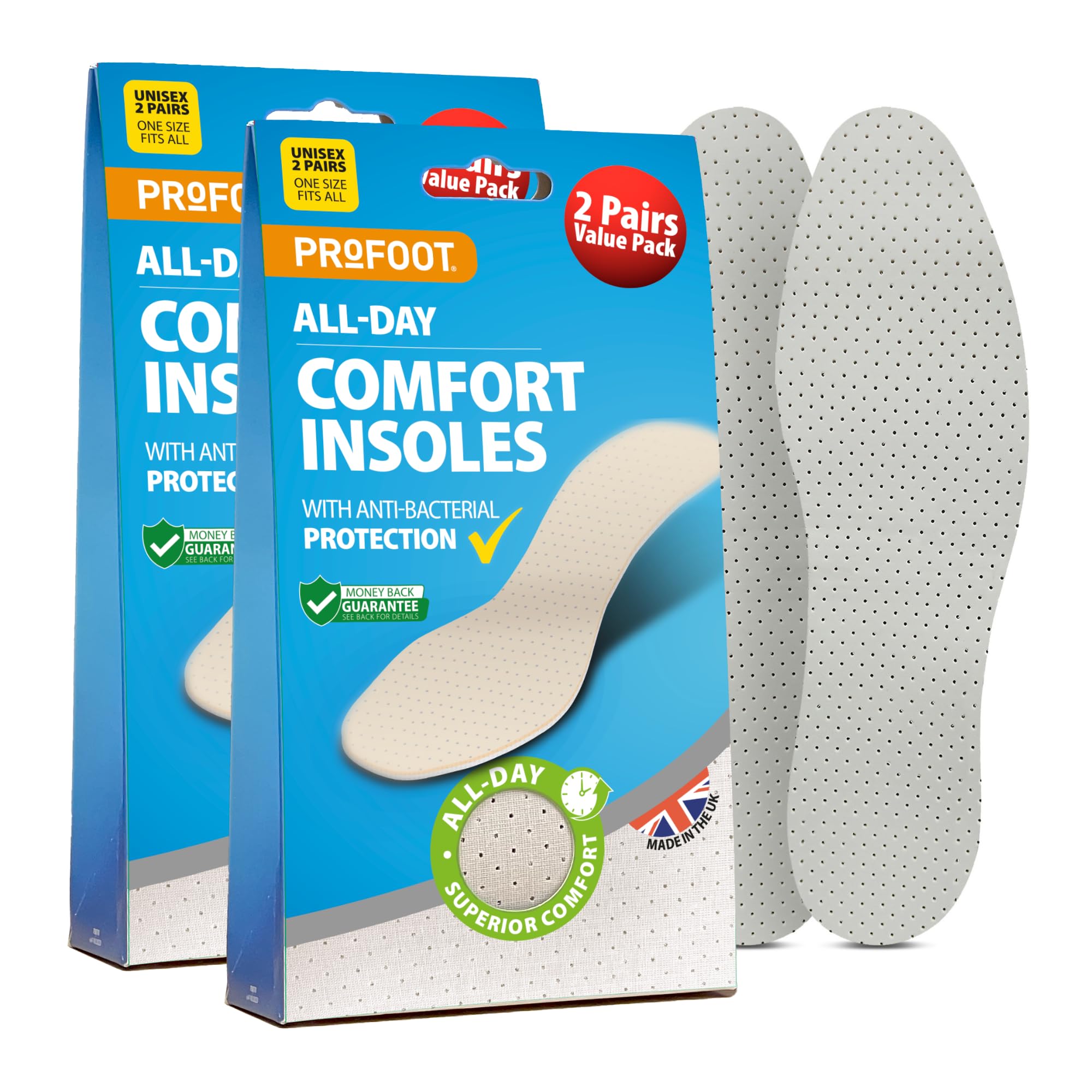 Profoot All Day Comfort Insoles - Anti-Bacterial Protection - Ideal for Foot Discomfort - Unisex Insoles with Superior Comfort - Transferable Between Shoes - Washable and Reusable (2 Pack)