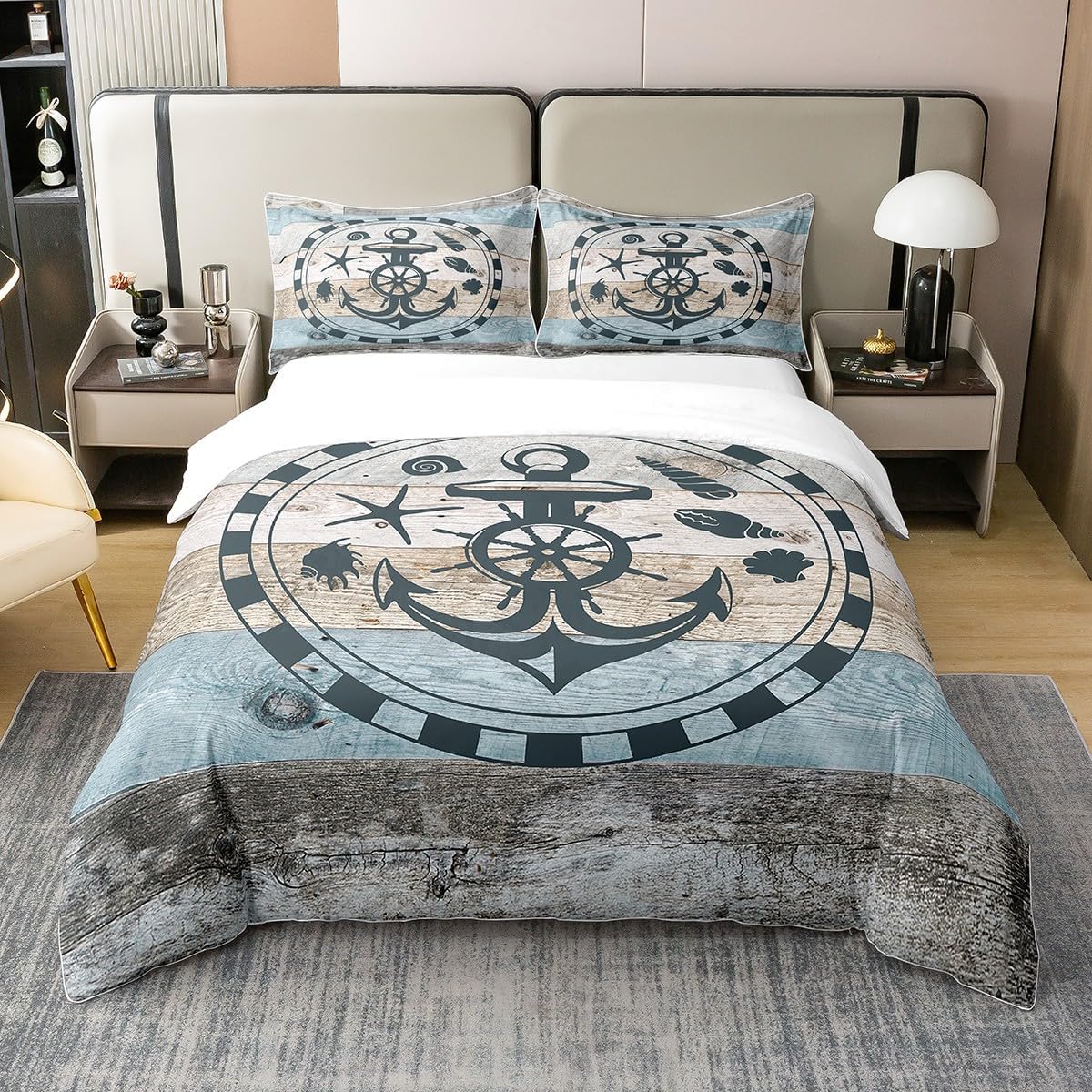 Homewish Nautical 100% Cotton Duvet Cover Double,Vintage Anchor Bedding Set for Kids Boys Girls,Grunge Wooden Barn Comforter Cover,Coastal Ocean Creature Bed Sets with 2 Pillowcases Skin Friendly — image 1