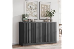 Harpaq Fluted Buffet Cabinet with Storage, 60" Sideboard Buffet Storage Cabinet with 4 Doors & Adjustable Shelves, Wood Coffee Bar Credenza Accent Cabinet for Kitchen, Living Room, Black(1PCS)