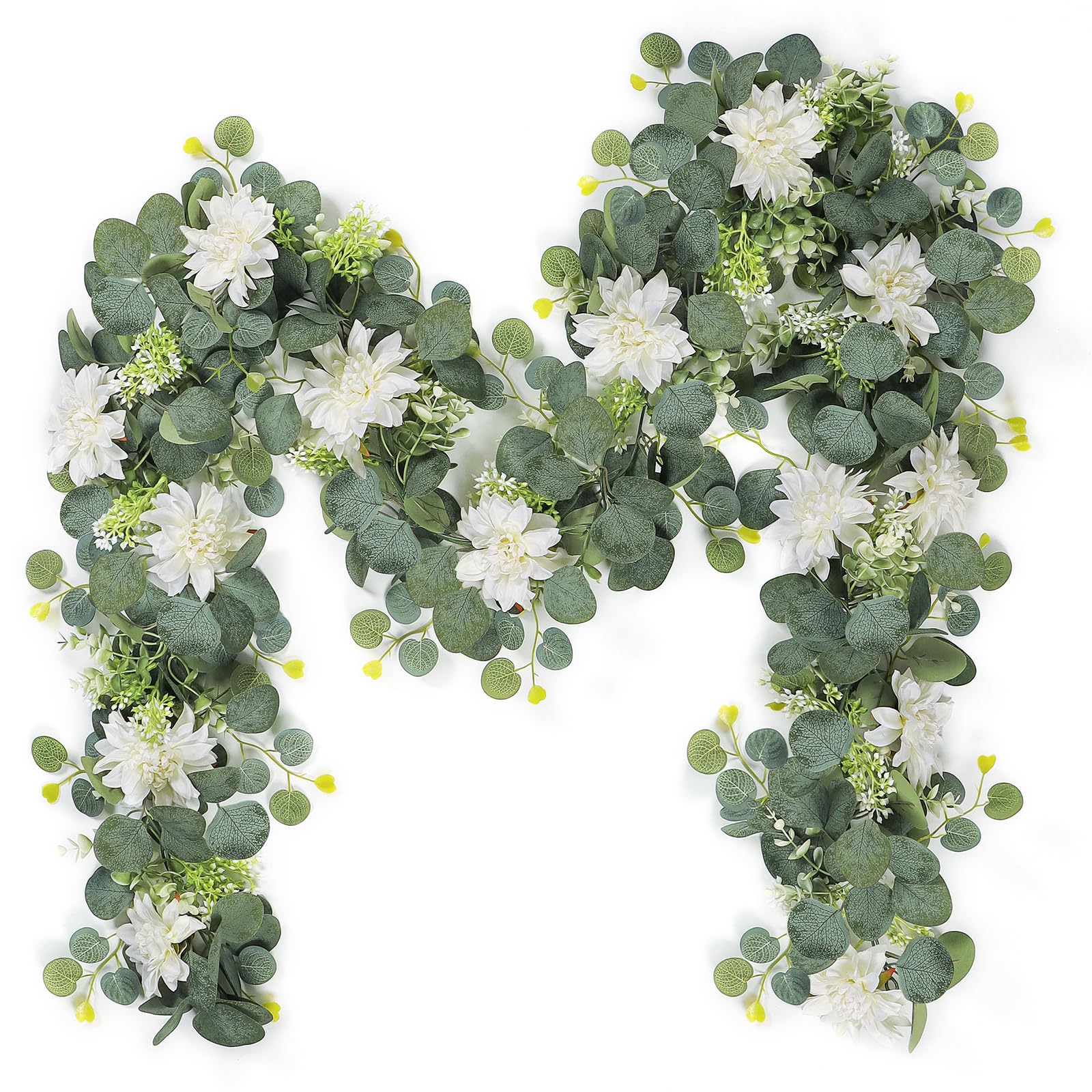 LOMOHOO Artificial Eucalyptus Garland with Flower, 5.9FT White Flower Garland Eucalyptus Leaves Garland, 2PCS Greenery Garland Faux Flowers Decoration Table Runner for Wedding Home Party Fireplace