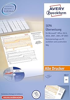 AVERY Zweckform 2817 Sepa-Überweisung, (A4, inkl. Software-CD, von Rechtsexperten geprüft, für Deutschland, zum einfachen Erstellen von Überweisungen am PC, 100 Blatt) weiß