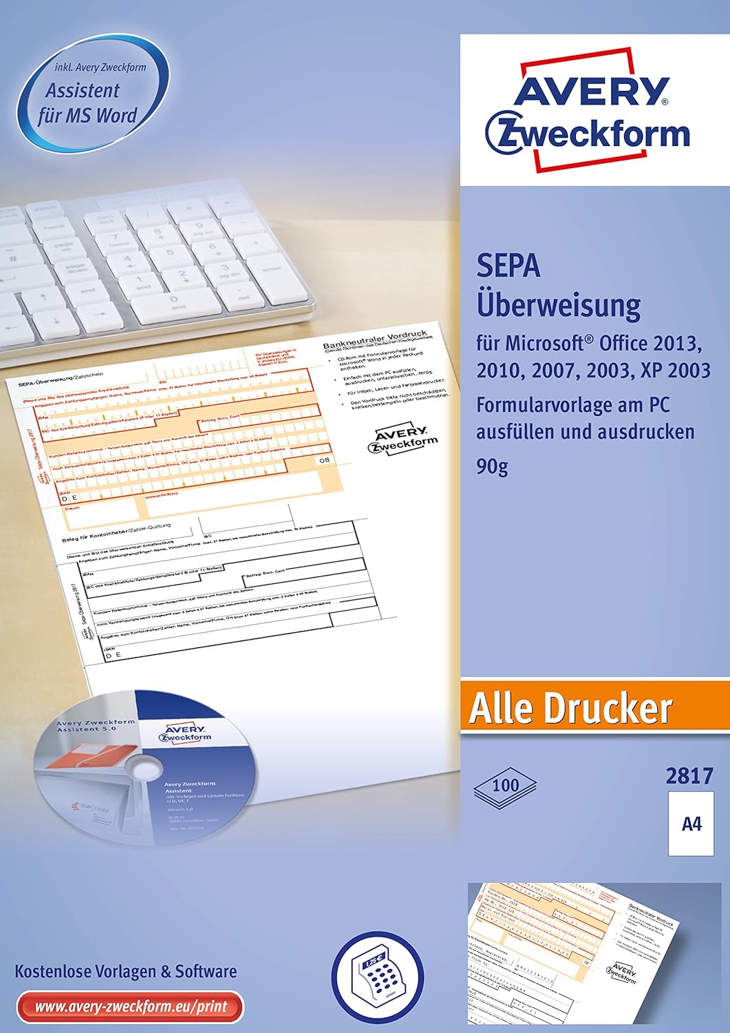 AVERY Zweckform 2817 Sepa-Überweisung, (A4, inkl. Software-CD, von Rechtsexperten geprüft, für Deutschland, zum einfachen Erstellen von Überweisungen am PC, 100 Blatt) weiß