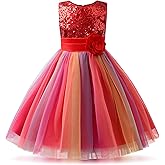 Uhnice Little Girl's Sequin Sleeveless Mesh Rainbow Dress for Wedding Party