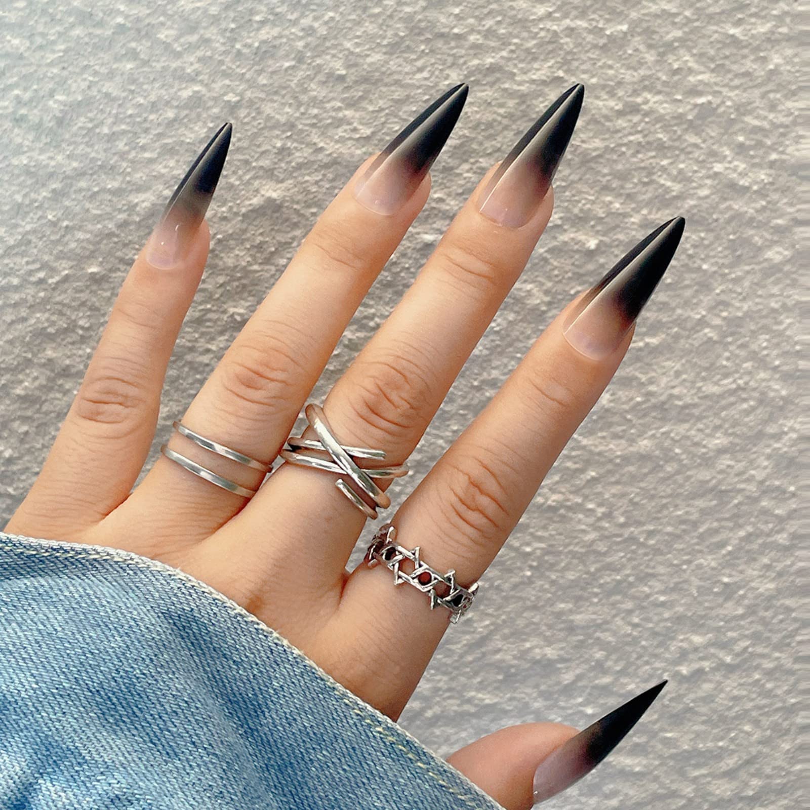 JUSTOTRY 24 Pcs Gradient Stiletto French Tip Press on Nails Long Designs,Glossy Black False Nails,Pretty Almond Stick on Nails for Women and Teens,Extra Long Fake Nail for Nail Art — image 1
