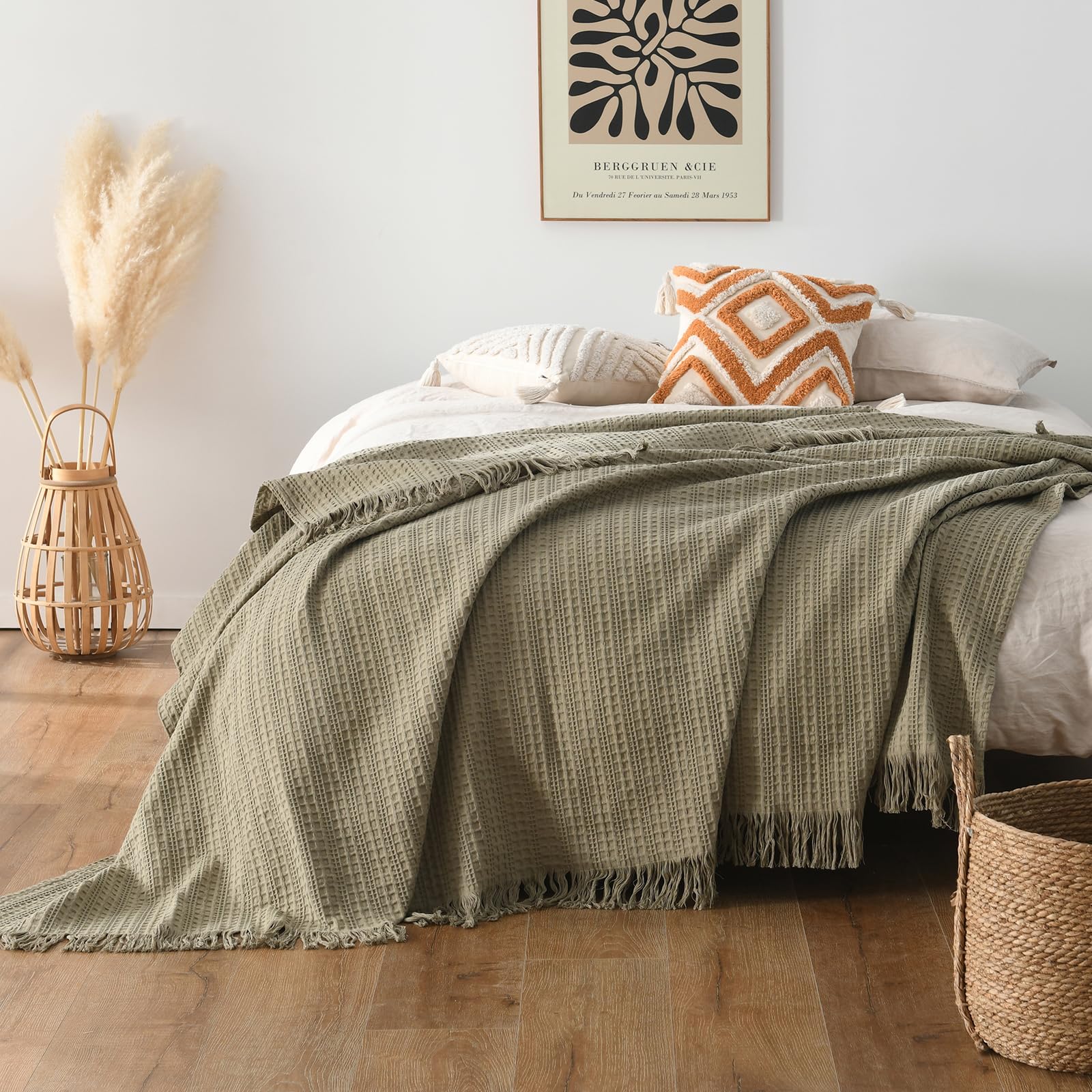 Photo 1 of 100% Cotton Waffle King Blanket with Fringe 104"x90", Pre-Washed Waffle Weave Blanket for All Season, Lightweight Breathable Soft Cozy Throw Blanket for Couch, Bed, Travel (Sage Green)