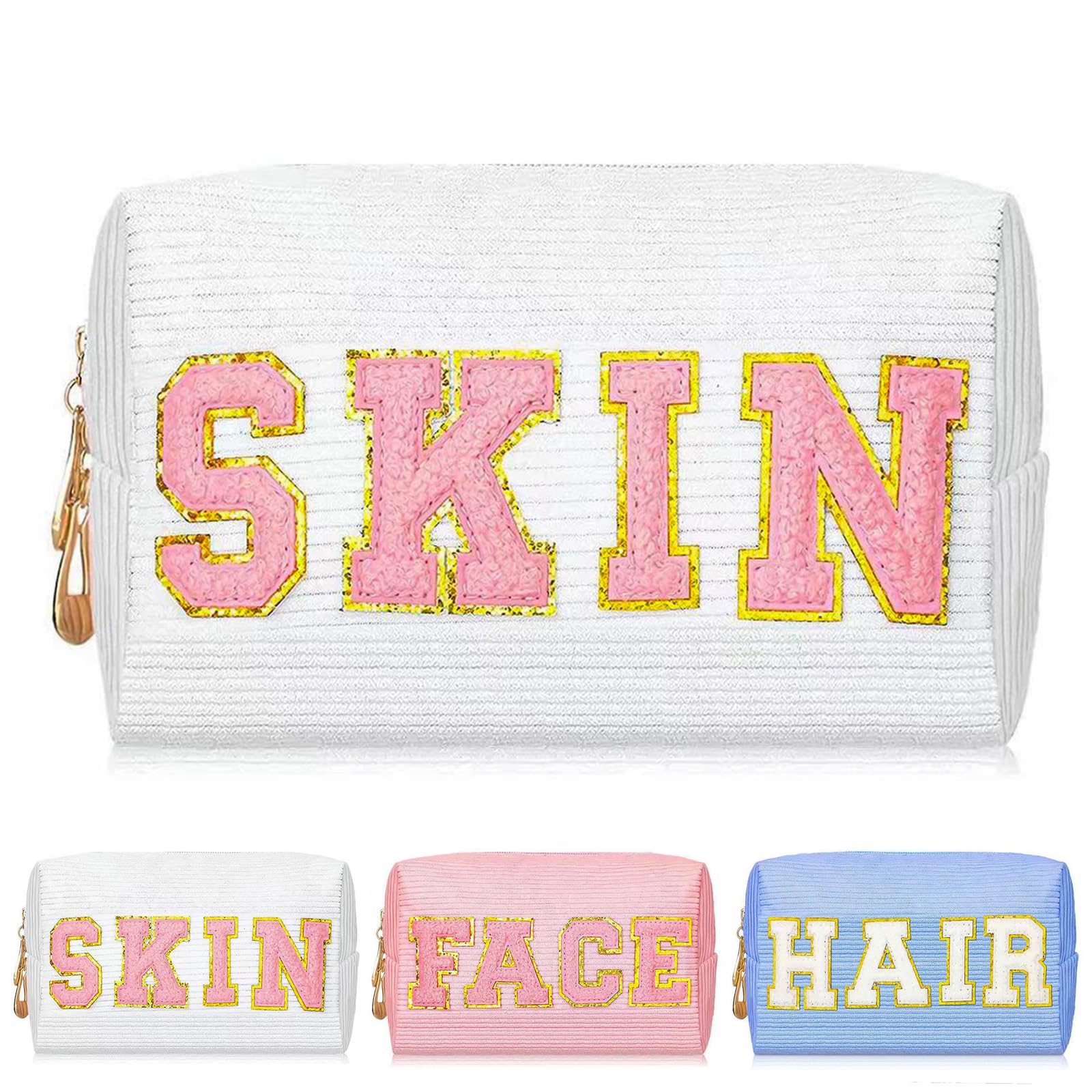 Yoolly Cosmetic Bags for Women, Corduroy Makeup Bag, Chenille Letter Organizer Skin Care Bag, Portable Makeup Pouch with Metal Zipper for Travel Toiletry Girls Gift