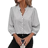 SimpleFun Womens Button Down Shirt Dressy 3/4 Sleeve Striped Blouses Ruffle Vneck Dress Shirts Business Casual Tops