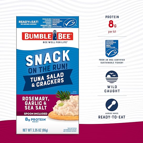 BUMBLE BEE SNACK ON THE RUN ROSEMARY, GARLIC, & SEA SALT TUNA SALAD WITH CRACKERS KIT – READY TO EAT PROTEIN SNACK PACK – 8G PROTEIN PER BOX – WILD CAUGHT MSC CERTIFIED TUNA