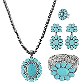 JMScape 4 PCS Western Turquoise Jewelry for Women Boho Vintage Navajo Pearl Necklace Earring Bracelet Ring Set Country Cowgirl Accessories for Gift