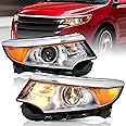 Headlight Assembly Set [Halogen Type Models] Fit for 2011-2014 Ford Edge Passenger & Driver Side (Chrome Housing with Amber Reflector)
