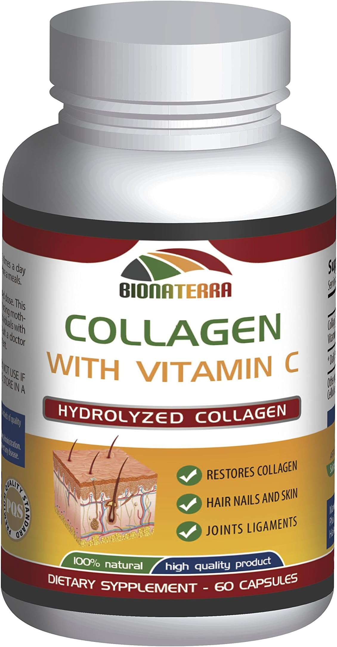 BIONATERRA Super Collagen+C , 500mg plus Vitamin C, 60 Count