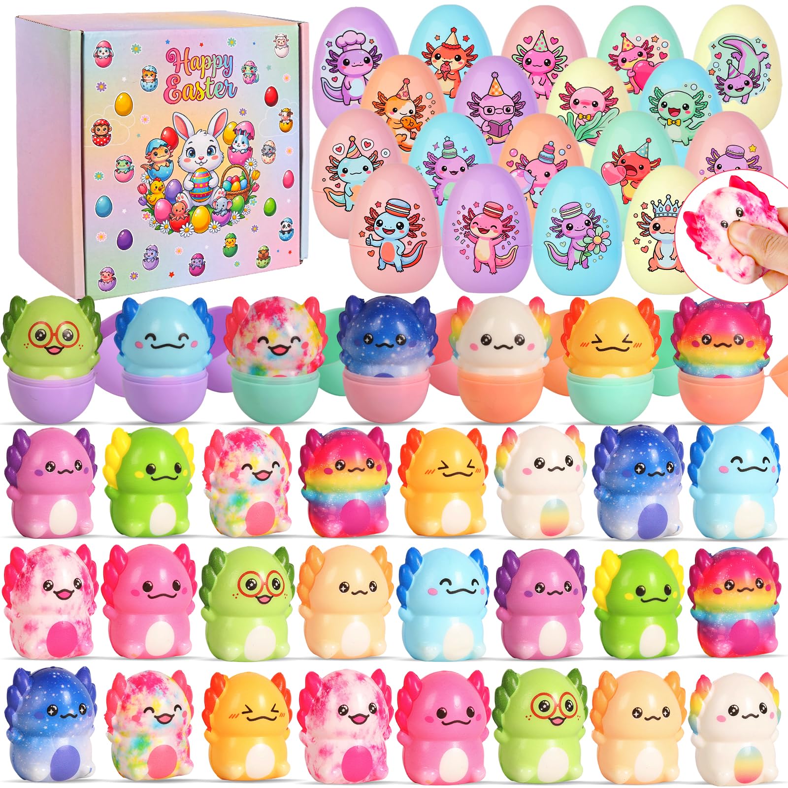 Astrogliter Prefilled Easter Eggs with Toys for Kids Toddlers Bulk - Pre Filled Axolotl Easter Squishy Animal Stuffers Stuffed Egg Hunt Prizes