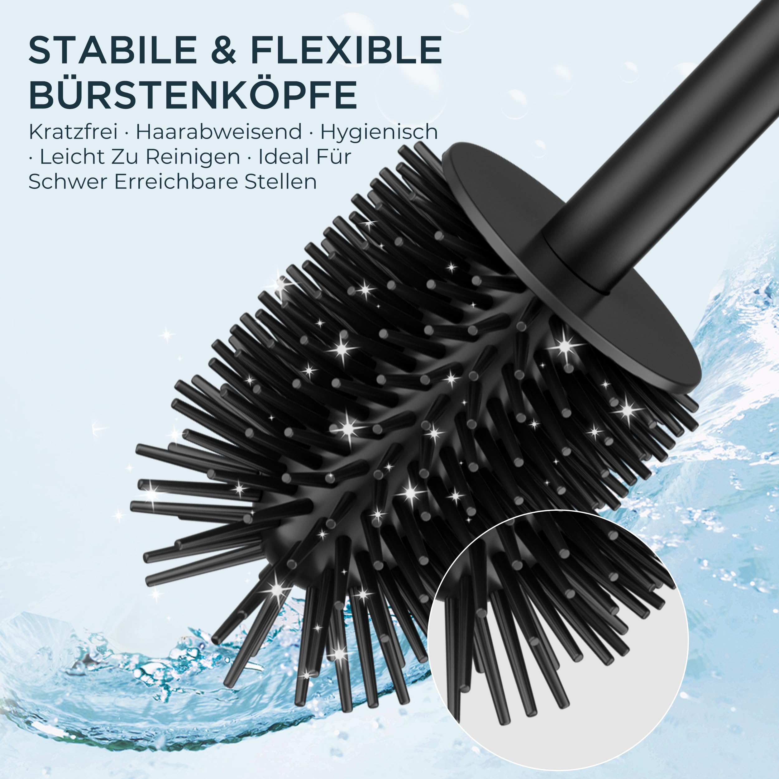 FORIOUS Silikon Toilettenbürste aus Edelstahl, 50 cm Extra Langer Griff, Anti-Spritz Design, Inkl. Ersatzkopf & Abnehmbarem Innenbecher – Saubere, Hygienische WC Bürste/Klobürste Schwarz für Bad 6