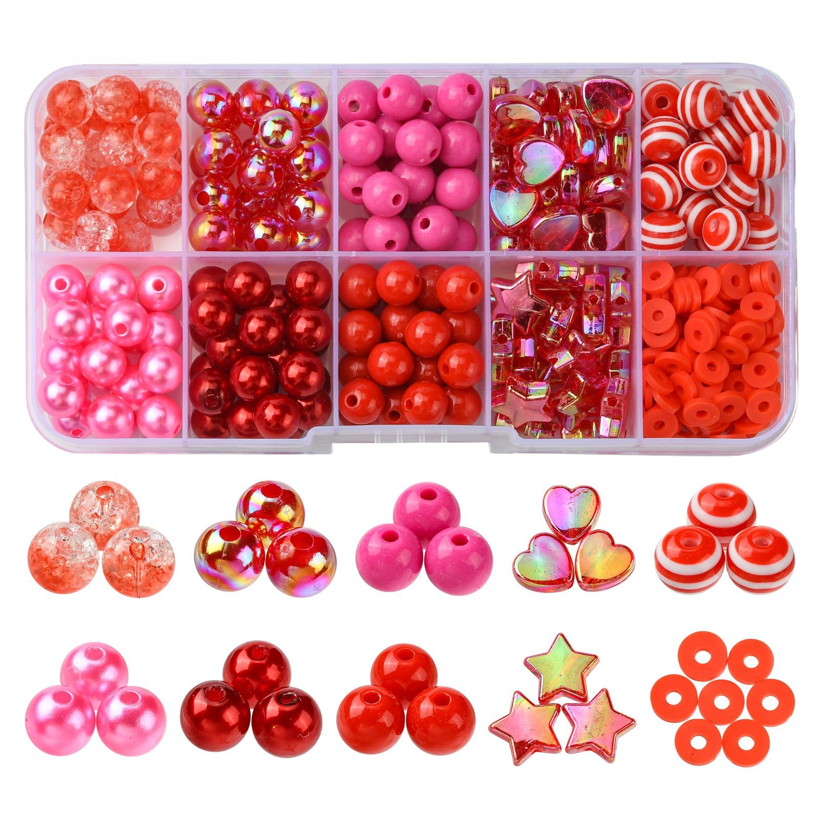Airssory 10 Styles Red Pink Theme Acrylic Beads Heart Star Round Loose Spacer Plastic Beads for DIY Jewellery Valentine's Day Gifts Craft Accessories