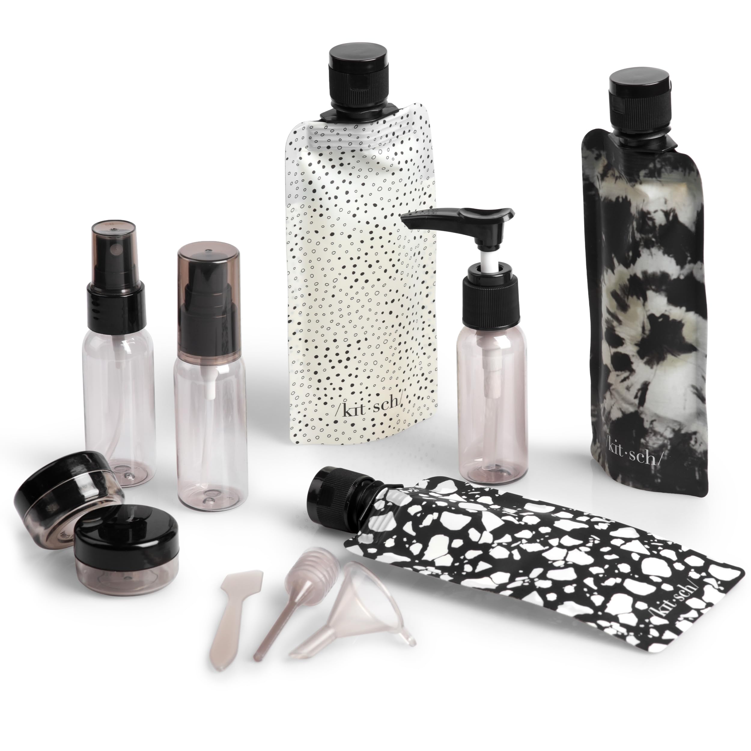Kitsch 11 PCS Travel Bottles for Toiletries – Travel Essentials Kit for Shampoo, Conditioner, Lotion & More, Leak-Proof Refillable Travel Size Containers - Black & Ivory