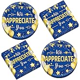 CHUNNIN 50 PCS We Appreciate You Tableware Set Blue and Gold Thank You Paper Plates Napkin Employee Appreciation Decor Thank You Teacher Dessert Cake Plate for Doctor Nurse Staff Appreciation Serve 25