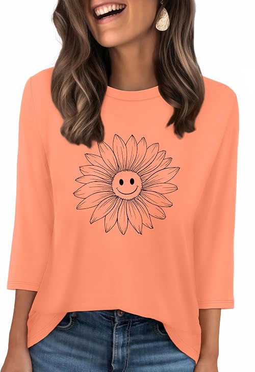 WIHOLL Ladies Tops for Women Blouses 3/4 Sleeve T Shirts for Women UK Casual Loose Fit Size 14-16 Smile Sunflower Pink