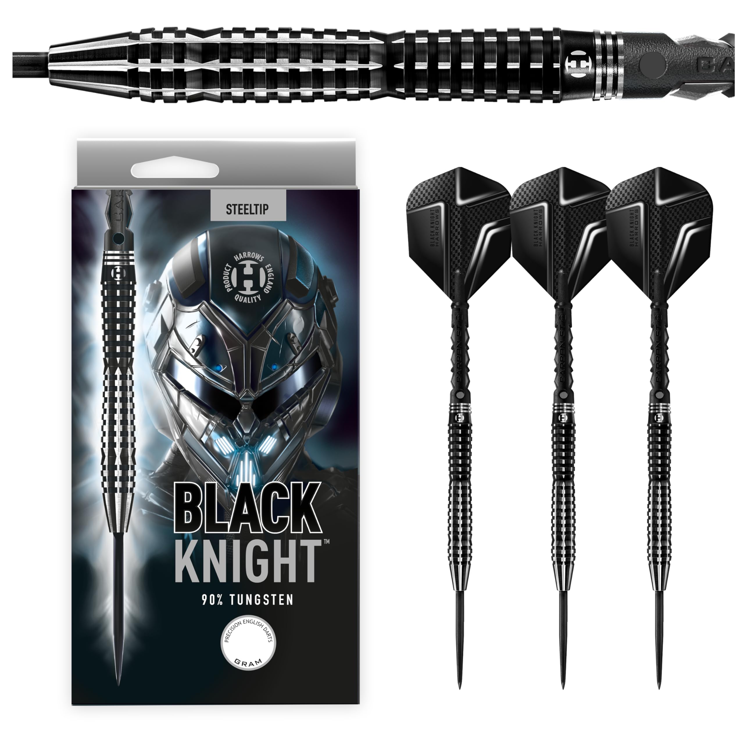 Harrows Black Knight 90% Tungsten Steel Tip Darts Set, 21g - 26g - Includes Black Carbon ST Midi Shafts & Micron Black Knight Flights 24g