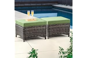 MeetLeisure Outdoor Ottomans for Patio Set of 2 PE Wicker Steel Frame Outdoor Footstool with Removable Olefin Cushions for Patio, Backyard and Deck,Green