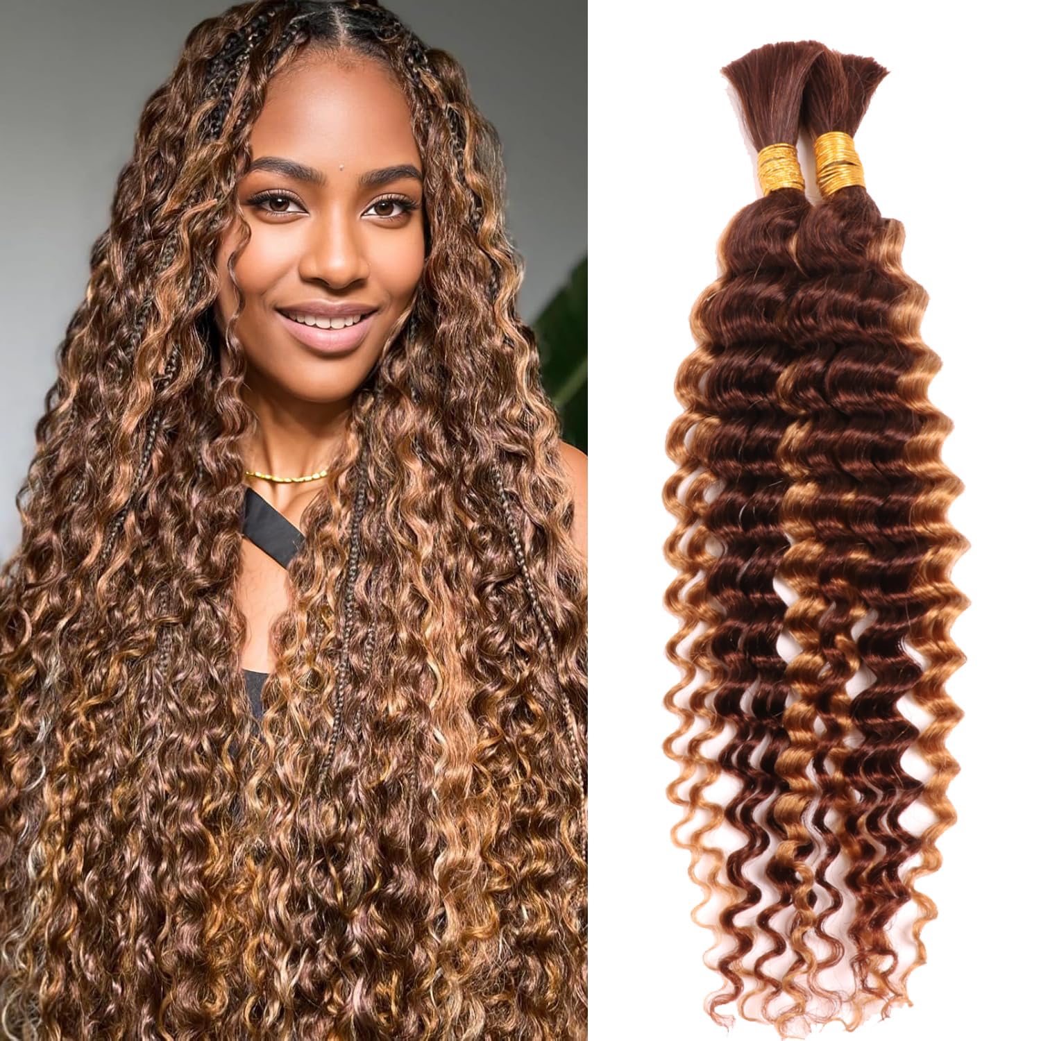 Deep Wave Bulk Human Hair for Braiding 10A Brazilian Curly Human Hair No Weft micro Human Braiding Hair for Boho Braids Virgin Hair Extension (P4/27#, 16Inch 100g(50gx2Bundles))