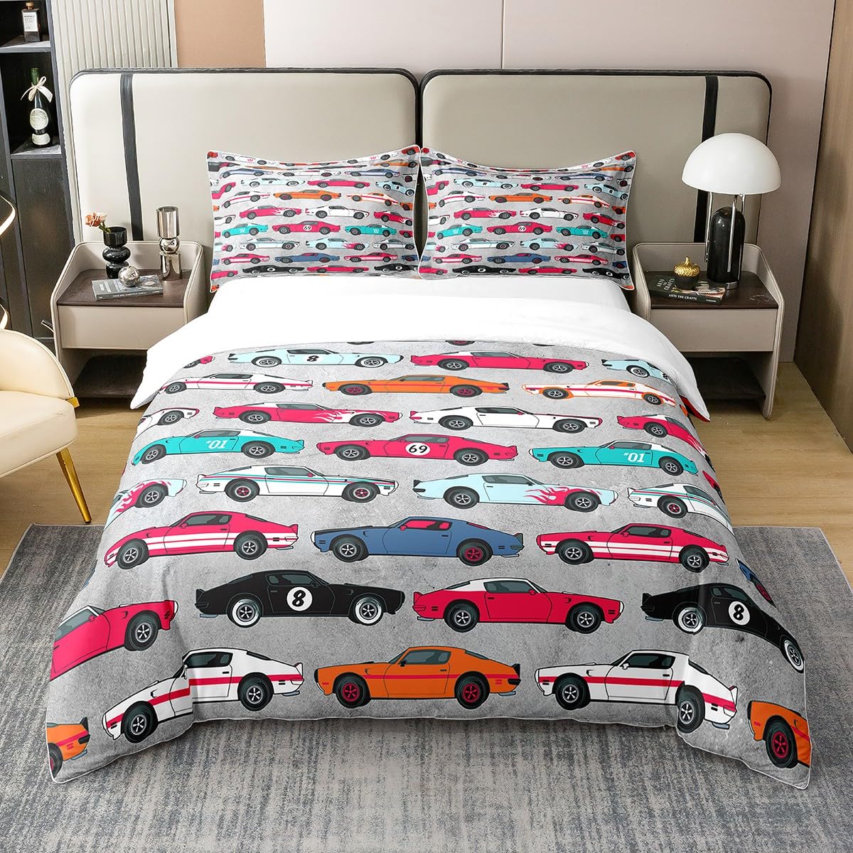 Racing Car 100% Cotton Duvet Cover Set Double Size Kids Race Sports Car Bedding Set Boys Girls Extreme Sports Theme Decor Comforter Cover Car Sports Competition Bedspread Cover Bedroom Bedcothes Gray