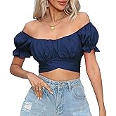 COOUFE Women's Crop Tops Ruffle Short Sleeve Tie Back Summer Off Shoulder Top Blouse