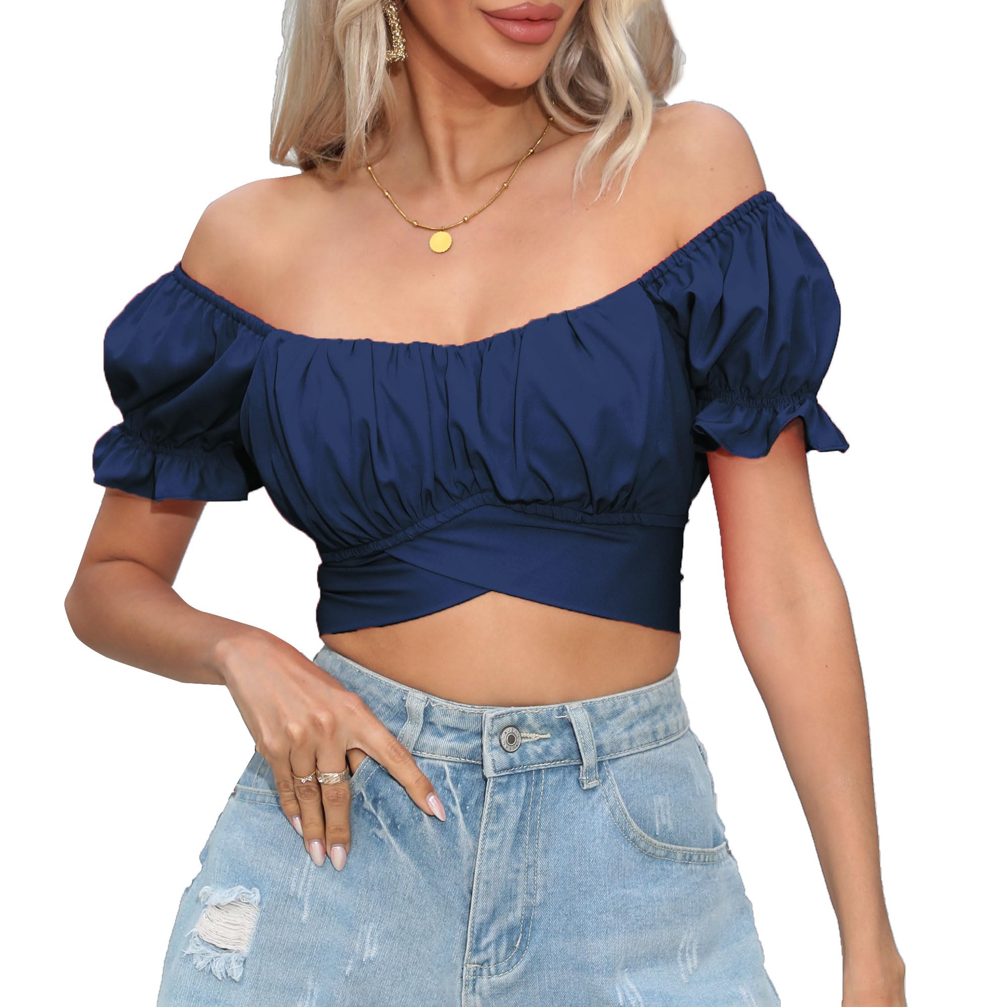 COOUFE Women's Crop Tops Ruffle Short Sleeve Tie