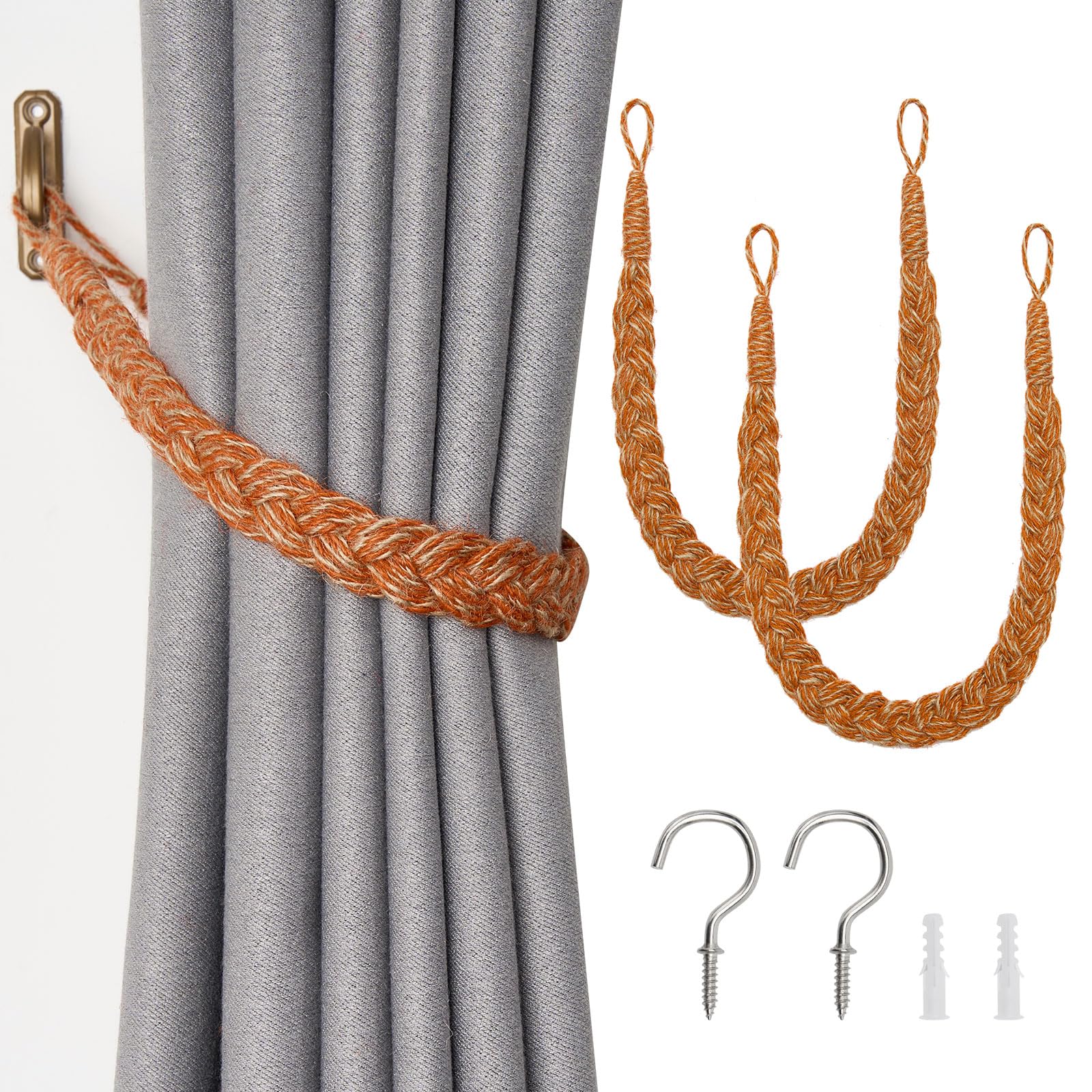 Pretty Jolly 2 Pack Natural Jute Rope Curtain Tiebacks Boho Rustic Style Decorative Drape Tie Backs Elegant Hand-Woven Rope Curtain Holdbacks with Metal Hook for Home & Office Drapery (Jute-Orange)