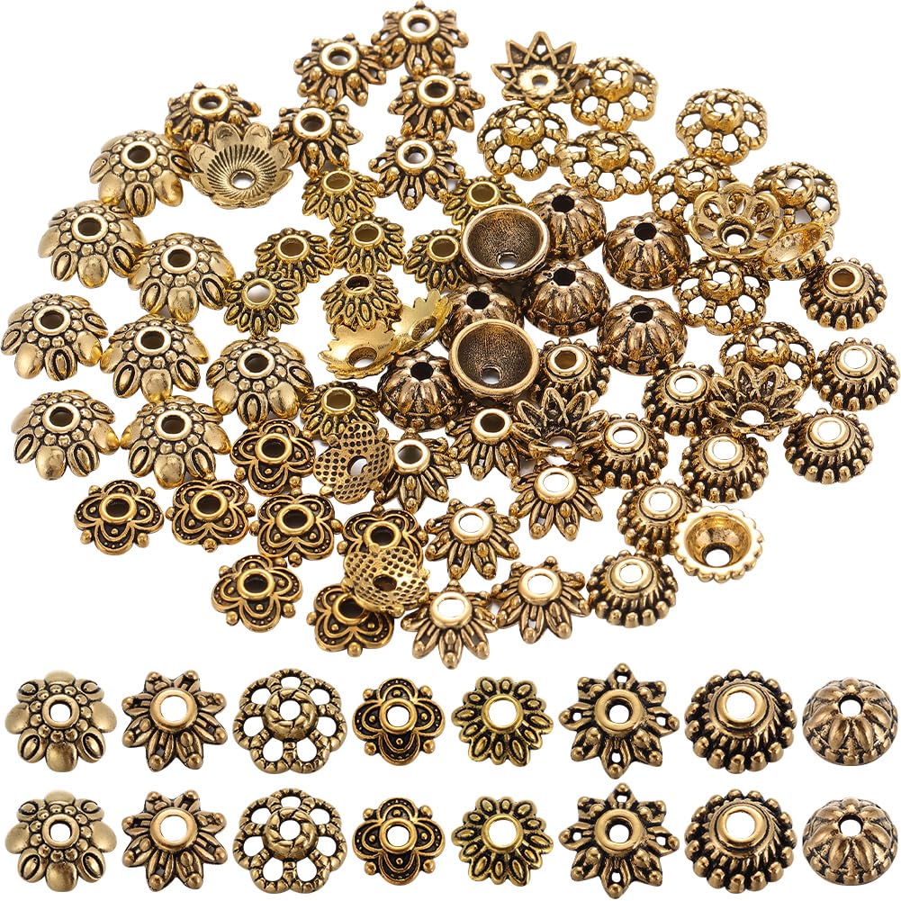 SOFPLATE 1 Box 8 Styles 240Pcs Spacer Bead Caps Jewellery Beads Caps Alloy Small Textured Flower Bali Tibetan Style Antique Gold Bead caps for Jewellery Making Necklaces Bracelets Earring Supplies DIY