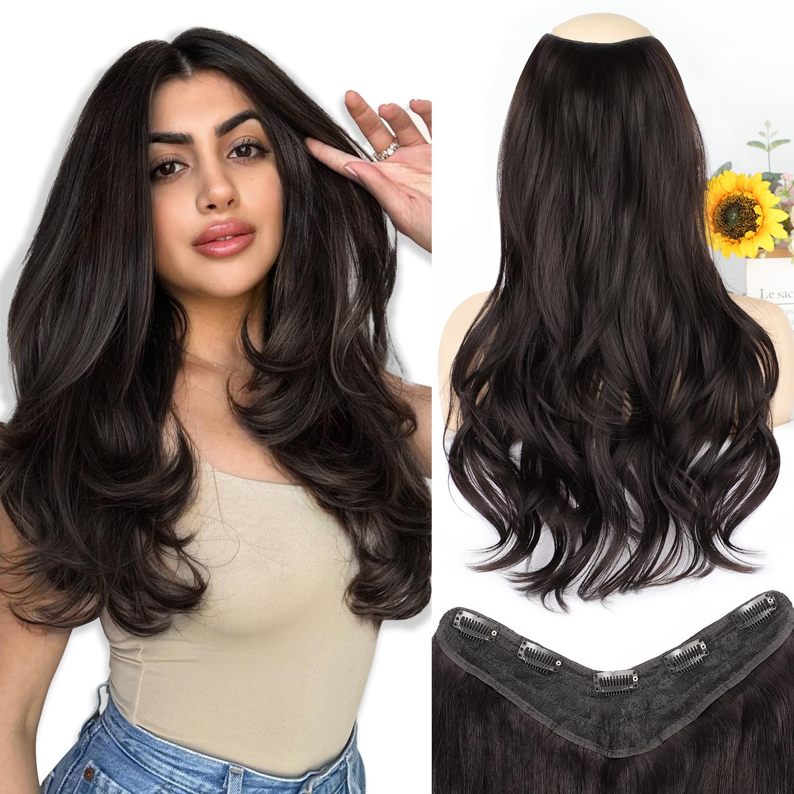 Photo 1 of ALXNAN Long Wavy Hair Extensions for Women, Clip in Hair Extensions Clip Ins Soft Full Head Synthetic Hairpieces 20 Inch Dark Brown