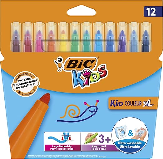 BIC Kids Fasermaler Kid Couleur XL - auswaschbare Filzstifte – 1 x 12 Kinder Filzstifte mit extra dicker Spitze & Form – Ab 3