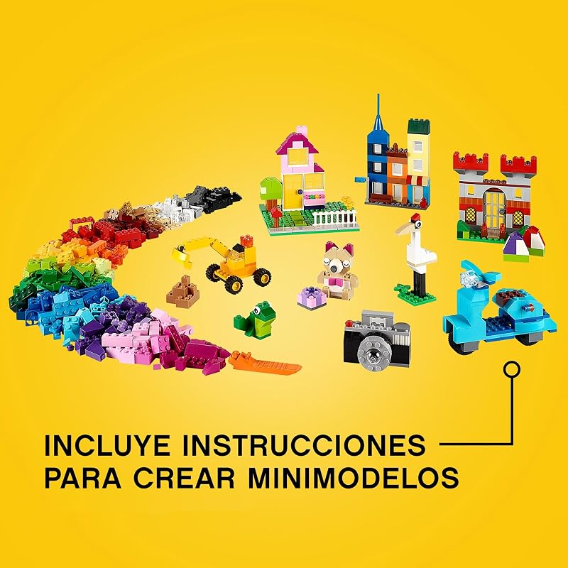 Lego 10698 classic grande caixa de peças criativas, brinquedos para meninos e meninas de 4 anos ou mais, 2 bases verdes, animais, casas e carros de brinquedo, conjunto de construção