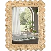 Fiwochic Large Scalloped Water Hyacinth Wall Mirror 23" x 17" Decorative Natural Rattan Wall Wavy Mirror with Authentic Ratta