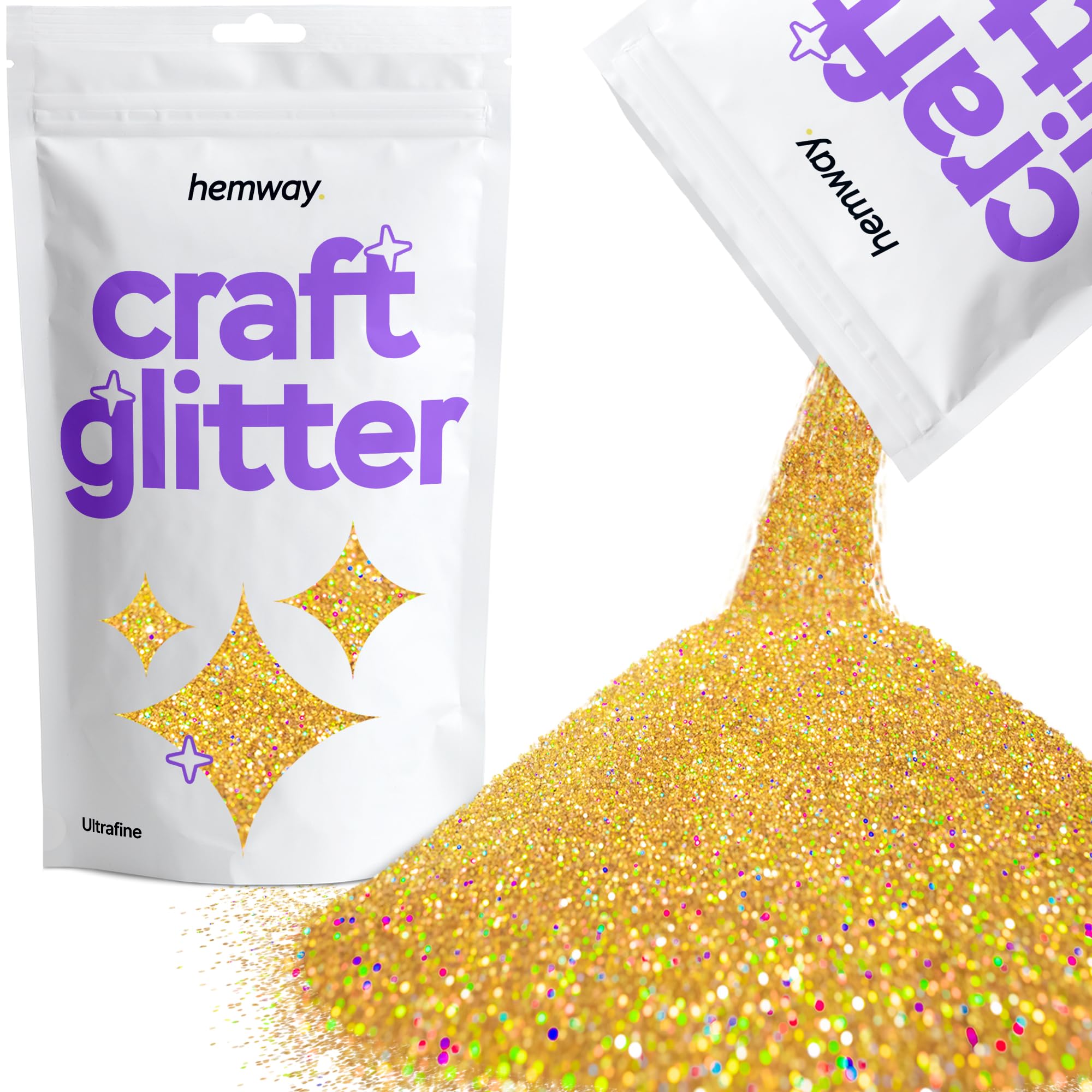 Hemway Craft Glitter Gold Holographic 100g Ultrafine Glitter for Crafts, Resin, Cosmetic, Nail, Face, Body, Festival, Tumblers, Art, Candle, Crafting