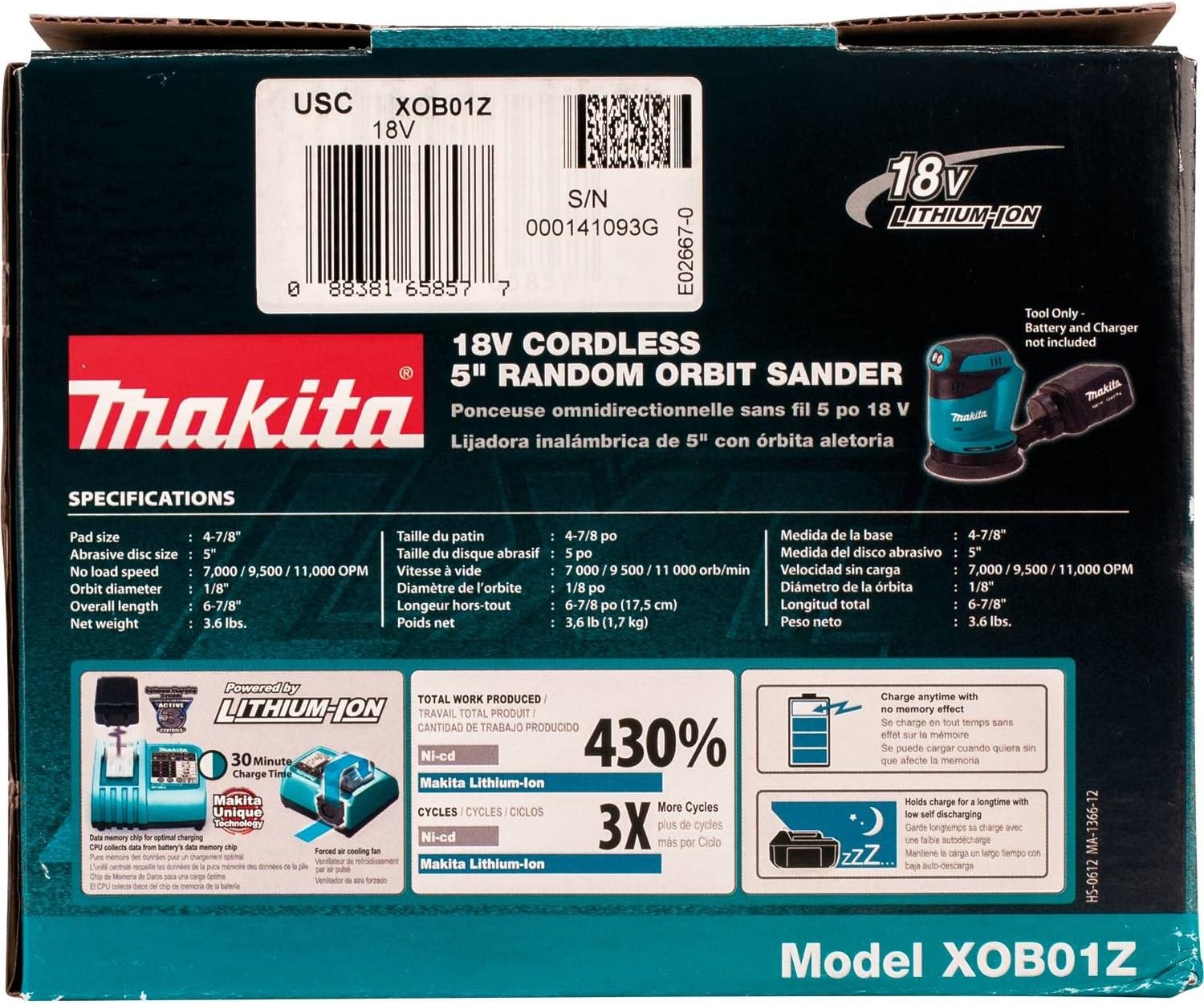 Makita XOB01Z 18V LXT Lithium-Ion Cordless 5"" Random Orbit Sander, Tool Only - - 