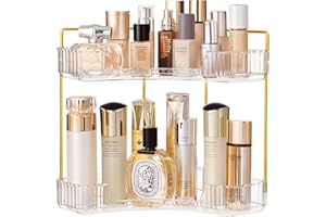 Vorey Bathroom Countertop Organizer 2 Tier Corner Makeup Organizer Countertop Perfume Tray Skincare Storage Cosmetic Organizer Bathroom Counter Shelf for Bathroom, Clear